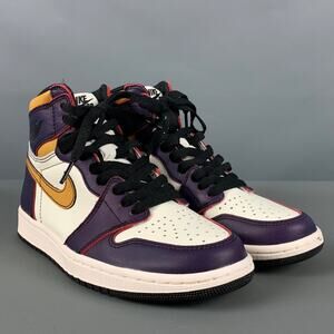 NIKE Size 6Y White Purple Color Block Leather High Top Sneakers